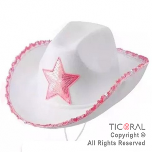 SOMBRERO COWBOY ESTRELLA Y LENTEJUELAS BLANCO x 1